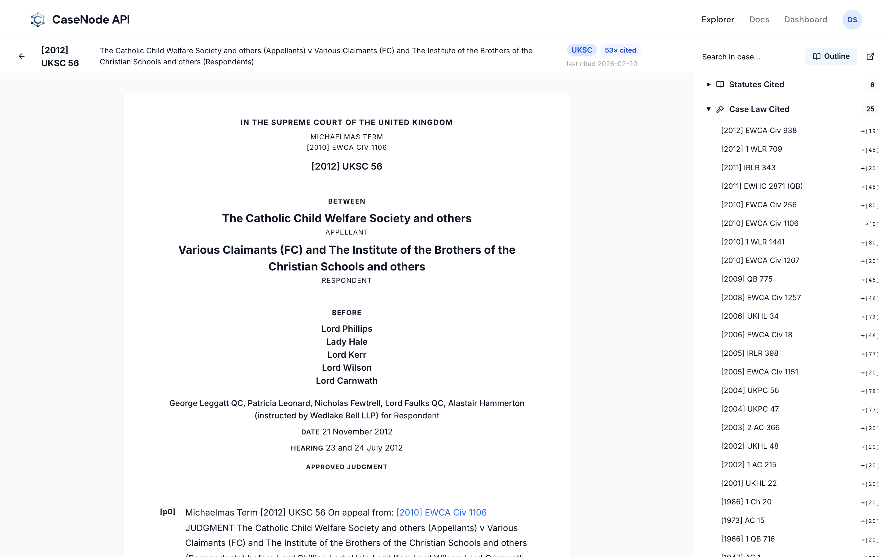 The CaseNode case viewer showing a Supreme Court judgment alongside a live outline of every statute and case it cites, with treatment counts.